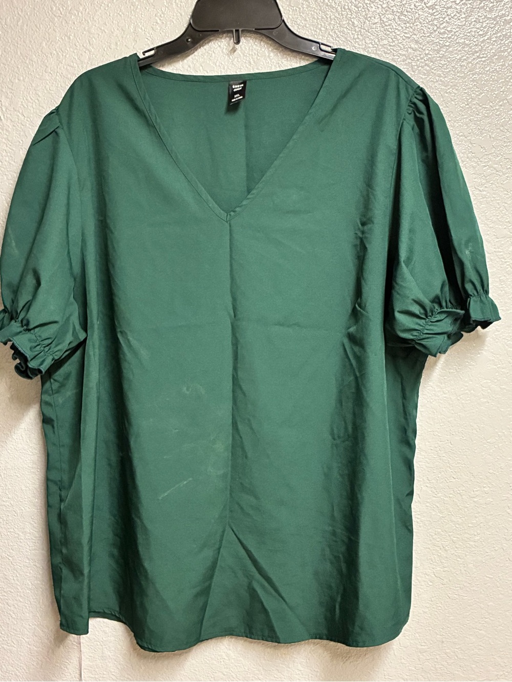 SHEIN Forest Green V-Neck Puff Sleeve Button Down Shirt
